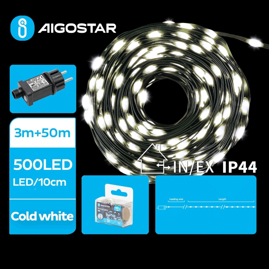 Aigostar - Corrente exterior de Natal LED 500xLED/8 funções 53m IP44 branco frio