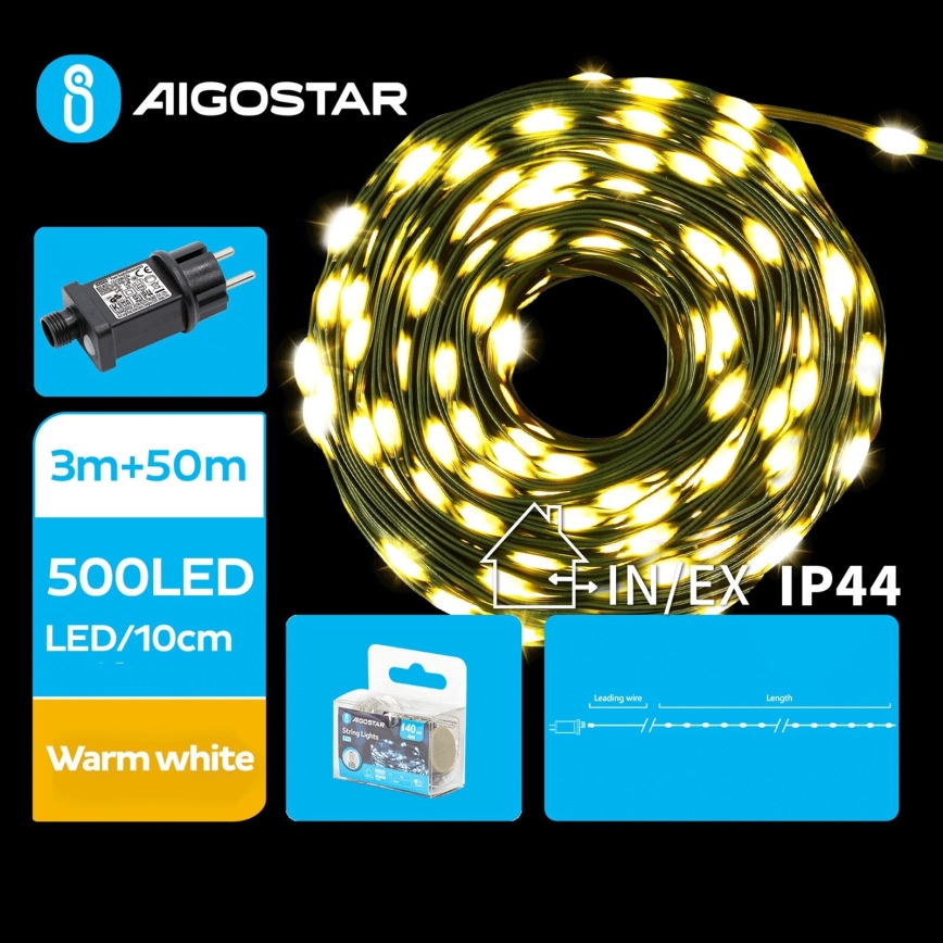 Aigostar - Corrente exterior de Natal LED 500xLED/8 funções 53m IP44 branco quente