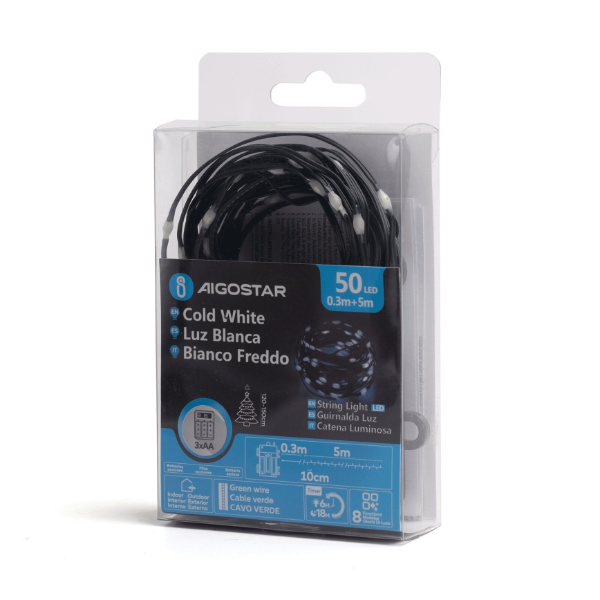 Aigostar -Corrente exterior de Natal LED 50xLED/8 funções 3xAA 5,3m IP44 branco frio