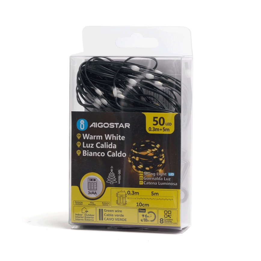 Aigostar - Corrente exterior de Natal LED 50xLED/8 funções 3xAA 5,3m IP44 branco quente