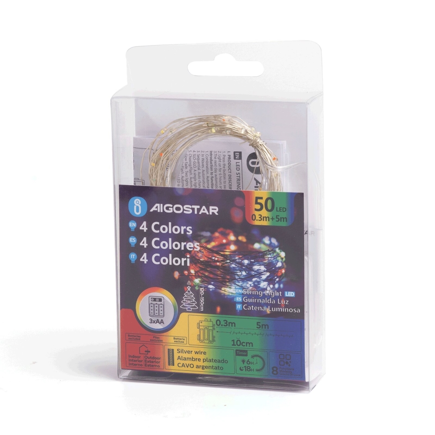 Aigostar - Corrente exterior de Natal LED 50xLED/8 funções 3xAA 5,3m IP44 multicolorida