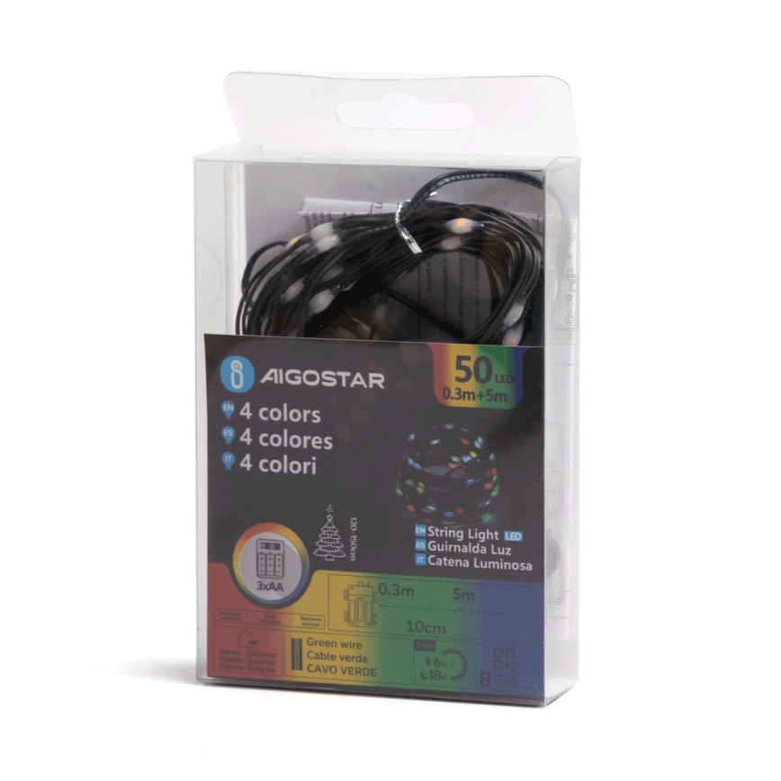 Aigostar - Corrente exterior de Natal LED 50xLED/8 funções 3xAA 5,3m IP44 multicolorida