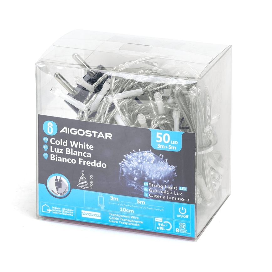 Aigostar - Corrente exterior de Natal LED 50xLED/8 funções 8m IP44 branco frio