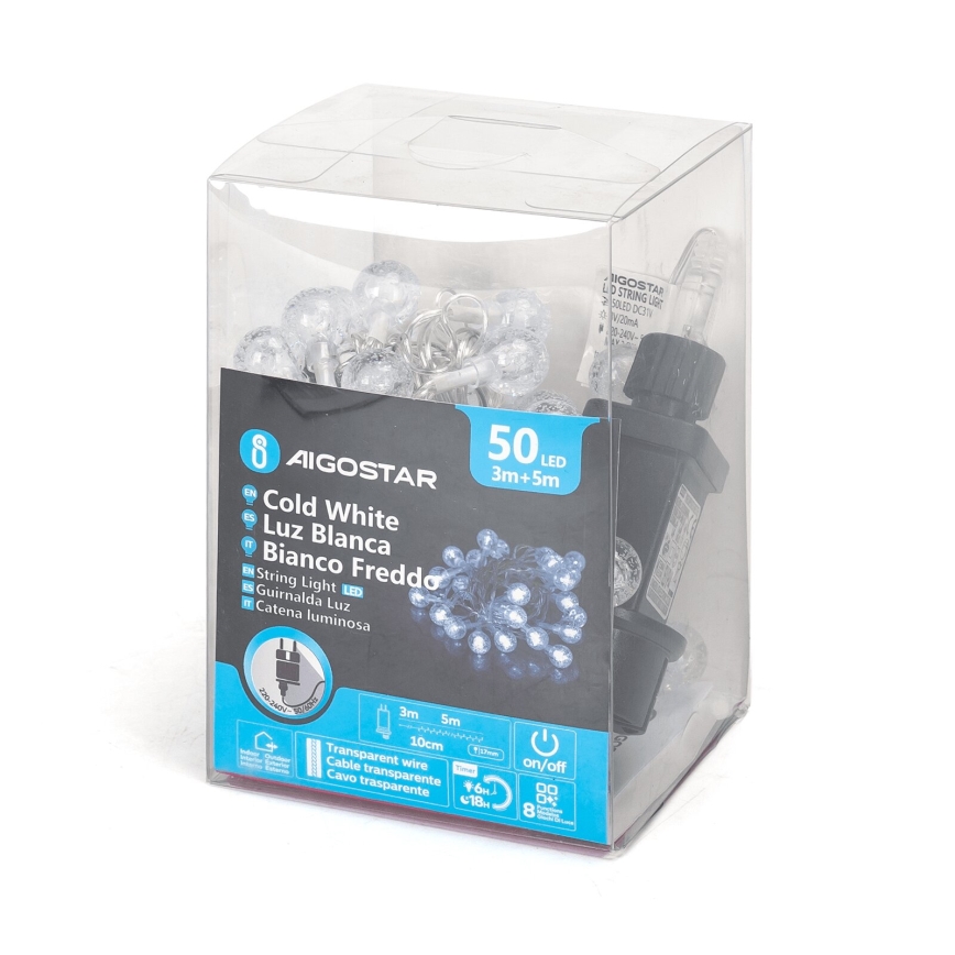 Aigostar - Corrente exterior de Natal LED 50xLED/8 funções 8m IP44 branco frio