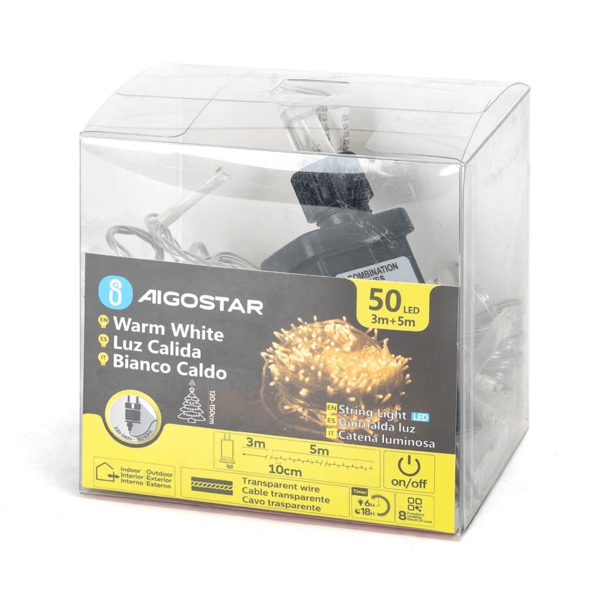 Aigostar - Corrente exterior de Natal LED 50xLED/8 funções 8m IP44 branco quente