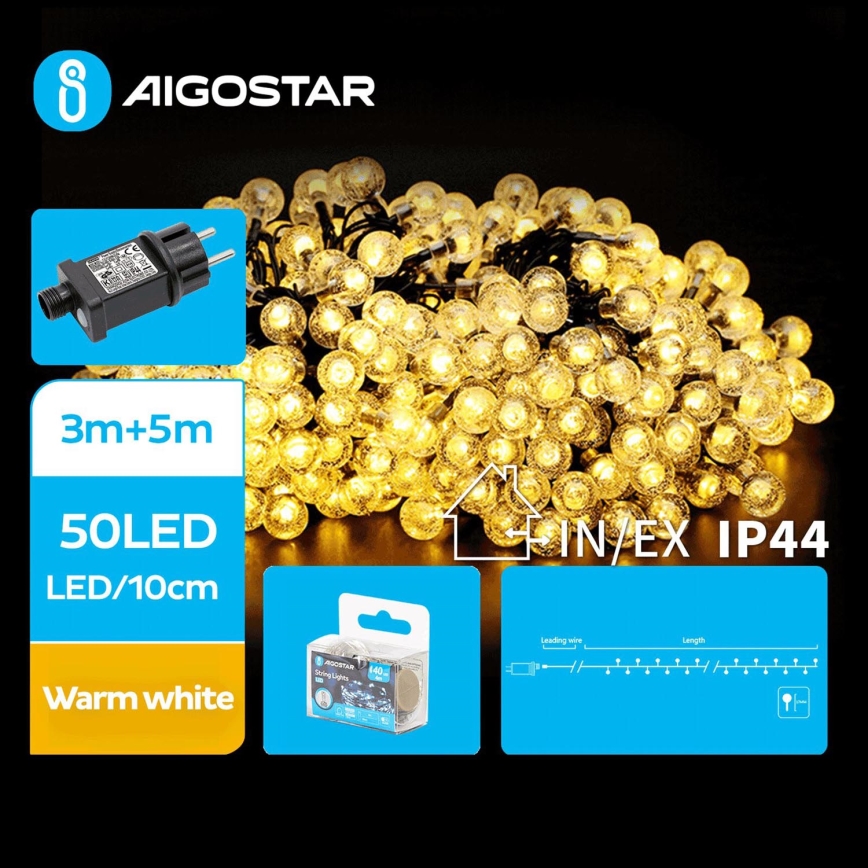 Aigostar - Corrente exterior de Natal LED 50xLED/8 funções 8m IP44 branco quente