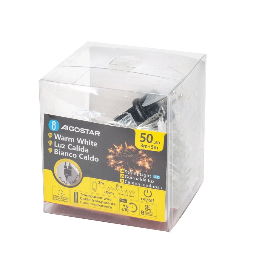 Aigostar - Corrente exterior de Natal LED 50xLED/8 funções 8m IP44 branco quente
