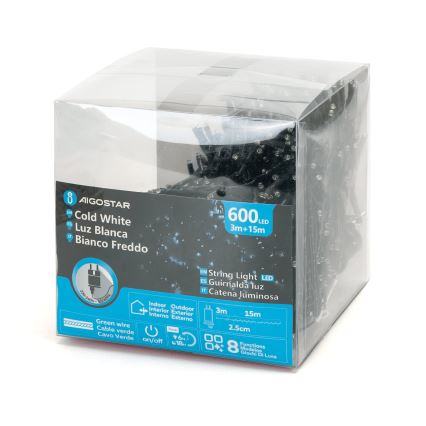 Aigostar - Corrente exterior de Natal LED 600xLED/8 funções 18m IP44 branco frio