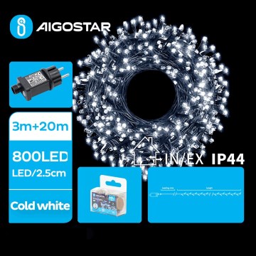 Aigostar - Corrente exterior de Natal LED 800xLED/8 funções 23m IP44 branco frio