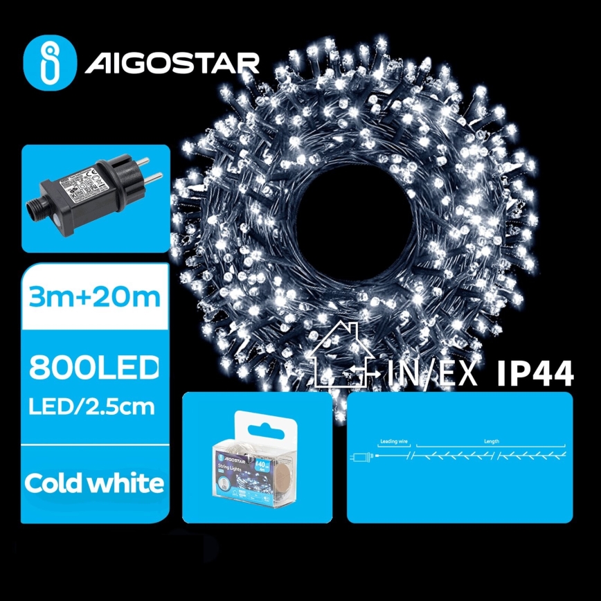 Aigostar - Corrente exterior de Natal LED 800xLED/8 funções 23m IP44 branco frio
