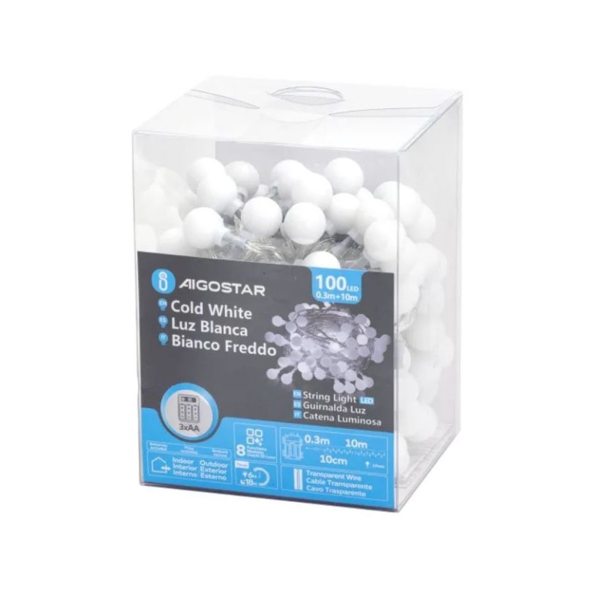 Aigostar - Corrente exterior de Natal LED 100xLED/3xAA/8 funções 10,3 m IP44 branco frio