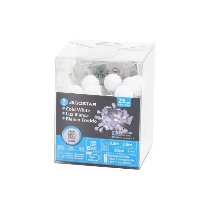Aigostar - Corrente exterior de Natal LED 25xLED/3xAA/8 funções 2,8 m IP44 branco frio