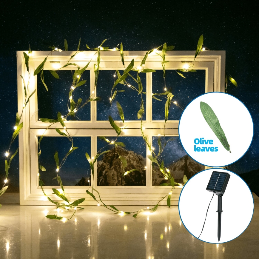 Aigostar - Corrente solar LED 100xLED/12m IP65 branco quente azeitona