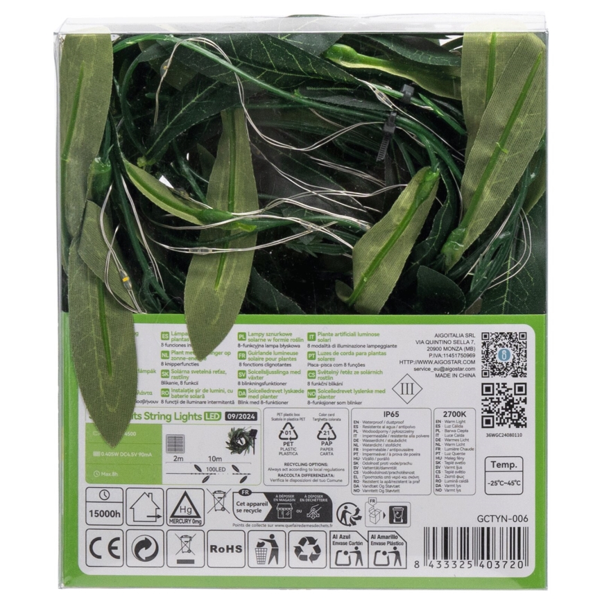 Aigostar - Corrente solar LED 100xLED/12m IP65 branco quente azeitona