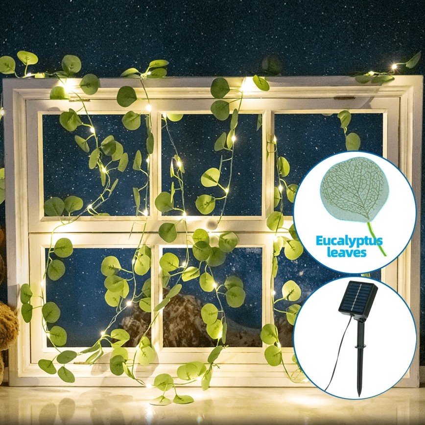 Aigostar - Corrente solar LED 100xLED/12m IP65 branco quente eucalipto