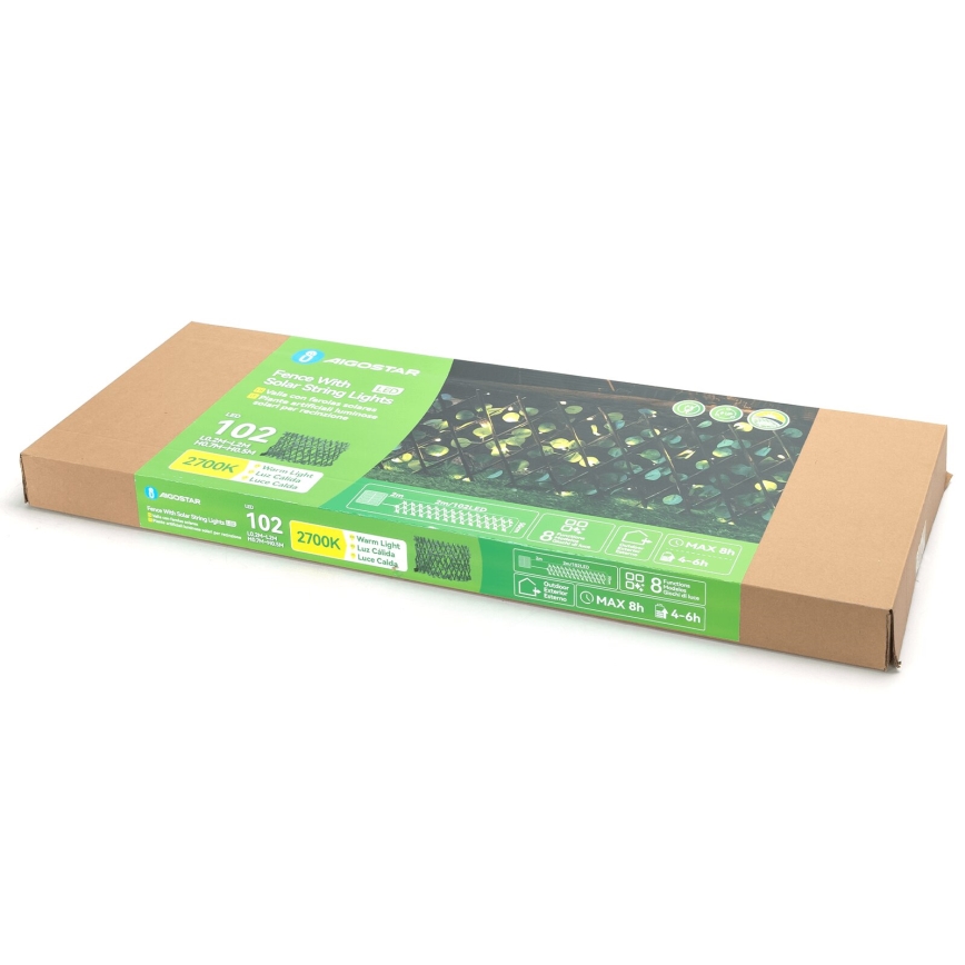 Aigostar - Corrente solar LED 102xLED/2x0,7m IP65 300 mAh branco quente eucalipto