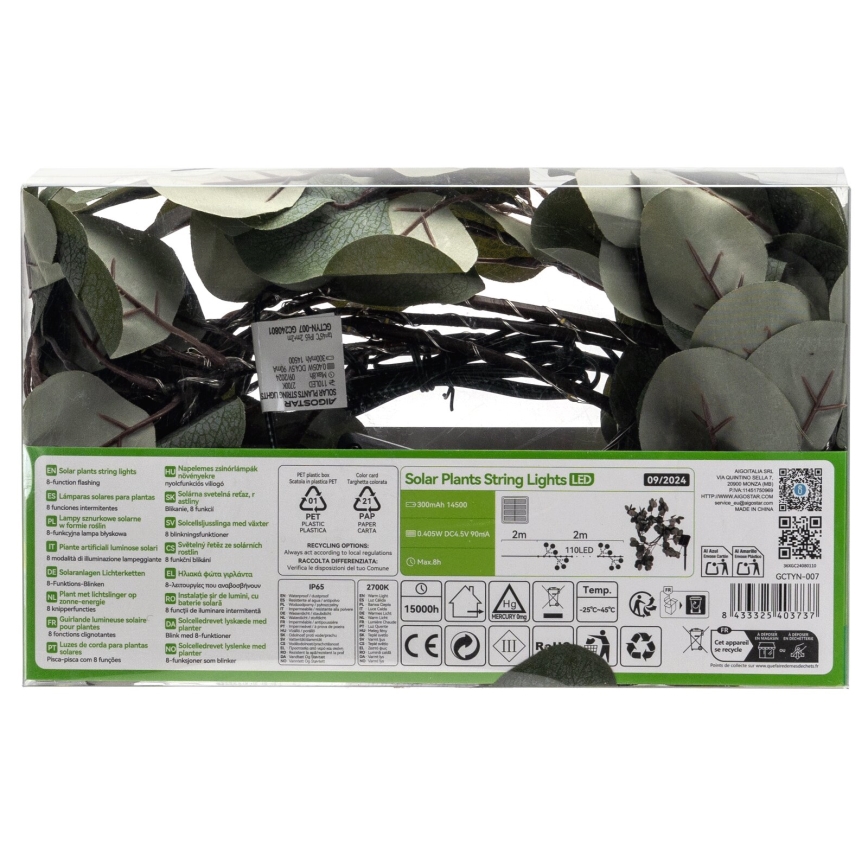 Aigostar - Corrente solar LED 110xLED/4m IP65 300 mAh branco quente eucalipto