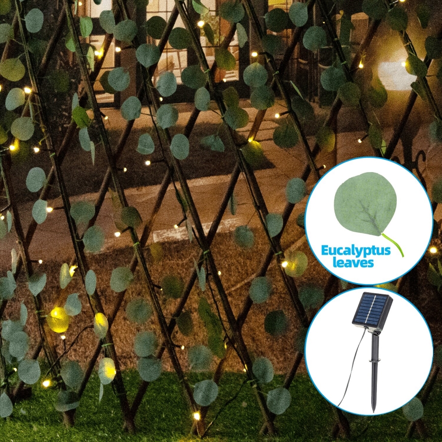 Aigostar - Corrente solar LED 148xLED/2x1,2m IP65 branco quente eucalipto