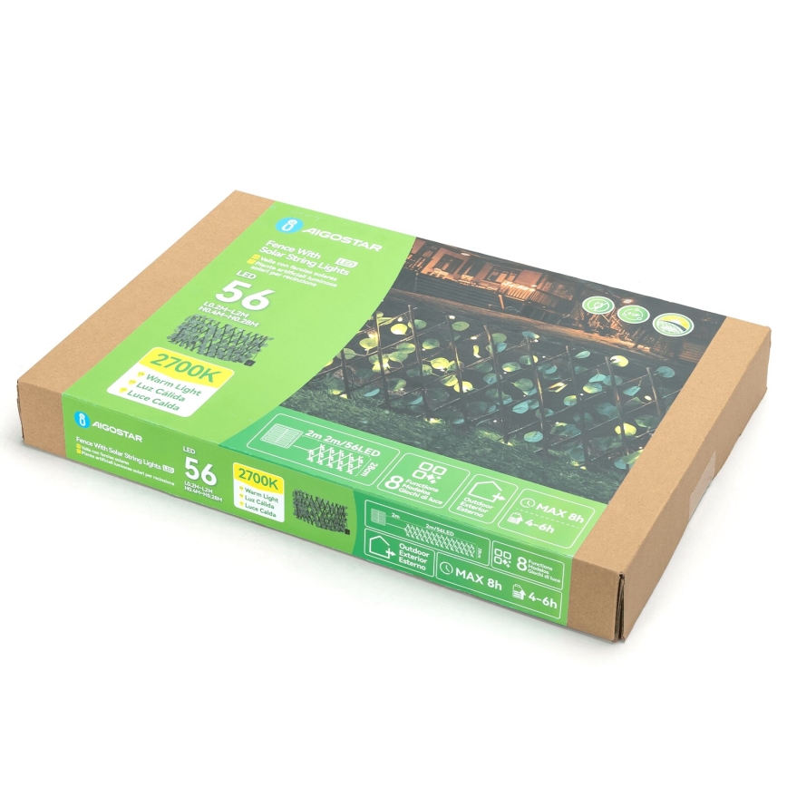 Aigostar - Corrente solar LED 56xLED/2x0,4m IP65 branco quente eucalipto