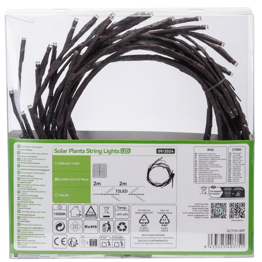 Aigostar - Corrente solar LED 72xLED/4m IP65 branco quente ramos de árvores