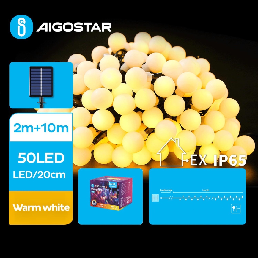 Aigostar - Corrente solar LED decorativa 50xLED/8 funções 12m 800 mAh IP65 branco quente