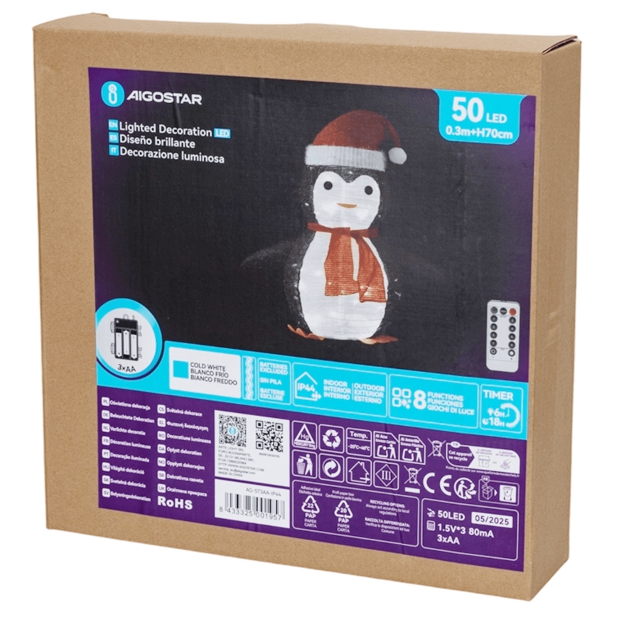 Aigostar - Decoração de Natal LED para exterior 50 LEDs/3xAA IP44 Pinguim