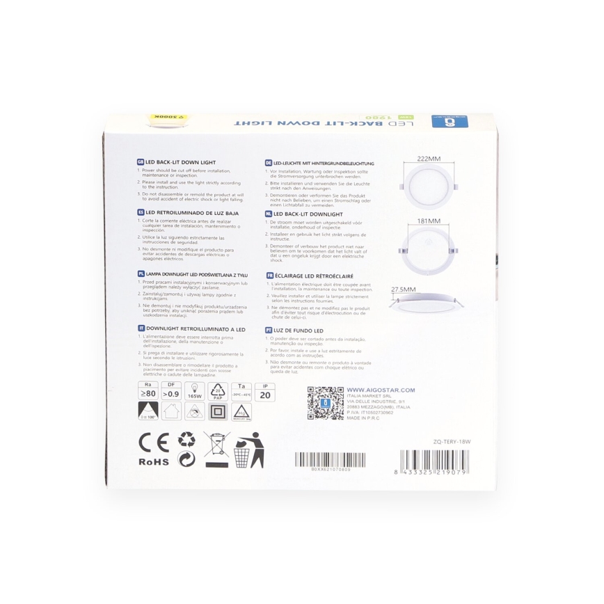 Aigostar - Foco de encastrar LED LED/18W/230V 3000K diâmetro 27,5 cm branco