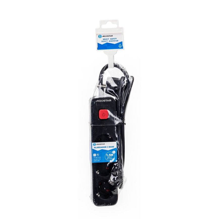 Aigostar - Extensão com interruptor 3P Tipo F 1,5m SCHUKO preta
