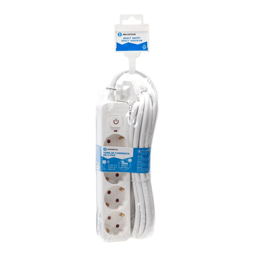 Aigostar - Extensão com interruptor 4 tomadas Tipo F 5m SCHUKO branco