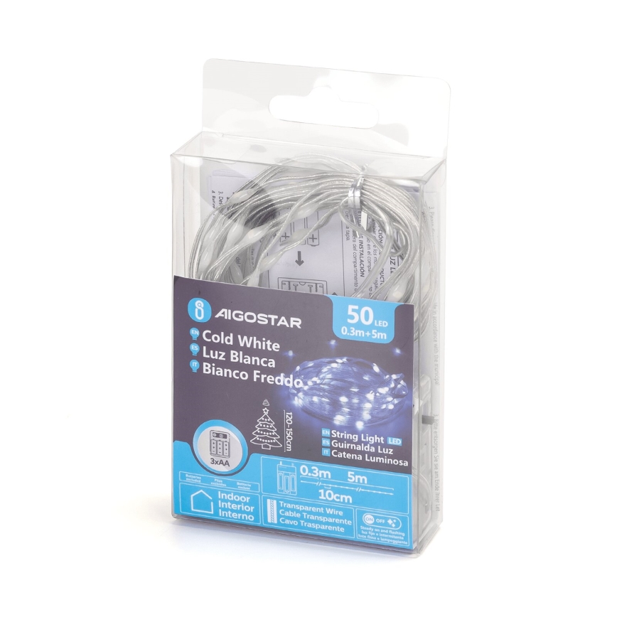 Aigostar - Fio de luzes LED de Natal 50xLED/3xAA 5,3m branco frio