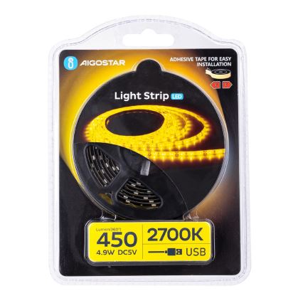 Aigostar - Fita LED 2m LED/4,9W/5V 2700K IP65 preto