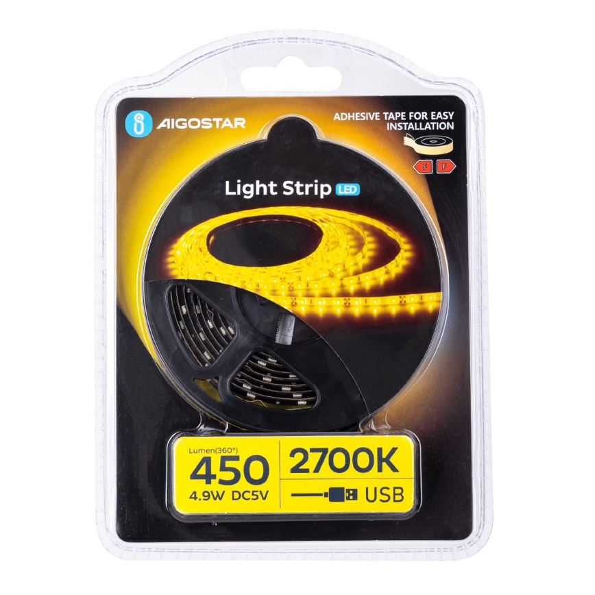 Aigostar - Fita LED 2m LED/4,9W/5V 2700K IP65 preto