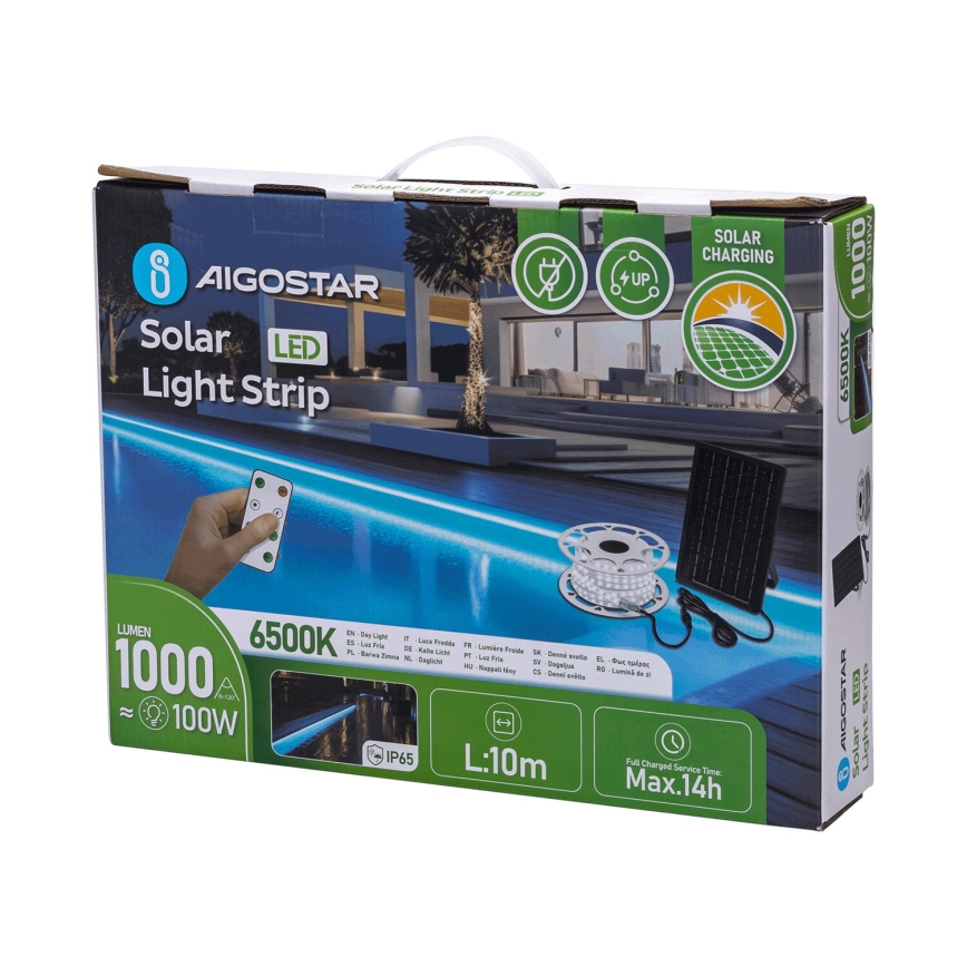 Aigostar - Fita solar LED regulável LED/20W/3,2V 20 m 2700K IP65 + comando