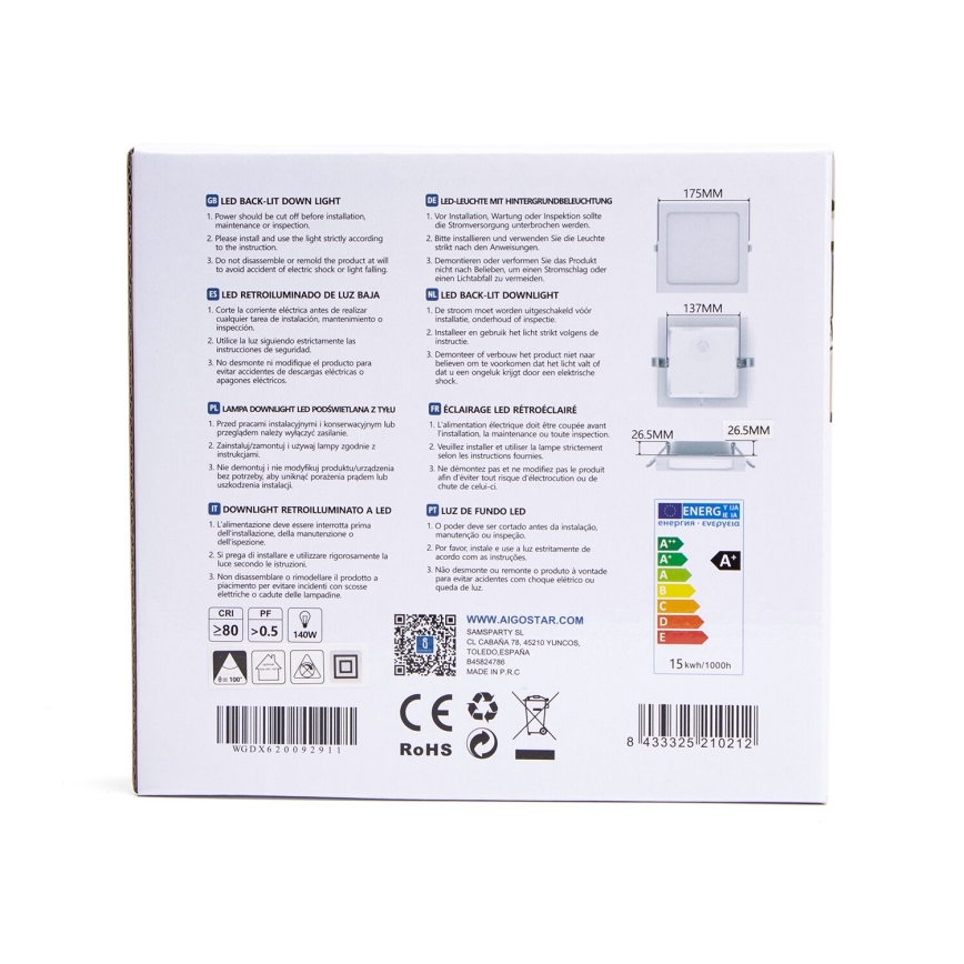 Aigostar - Foco de encastrar LED LED/15W/230V 17,5x17,5 cm 3000K branco