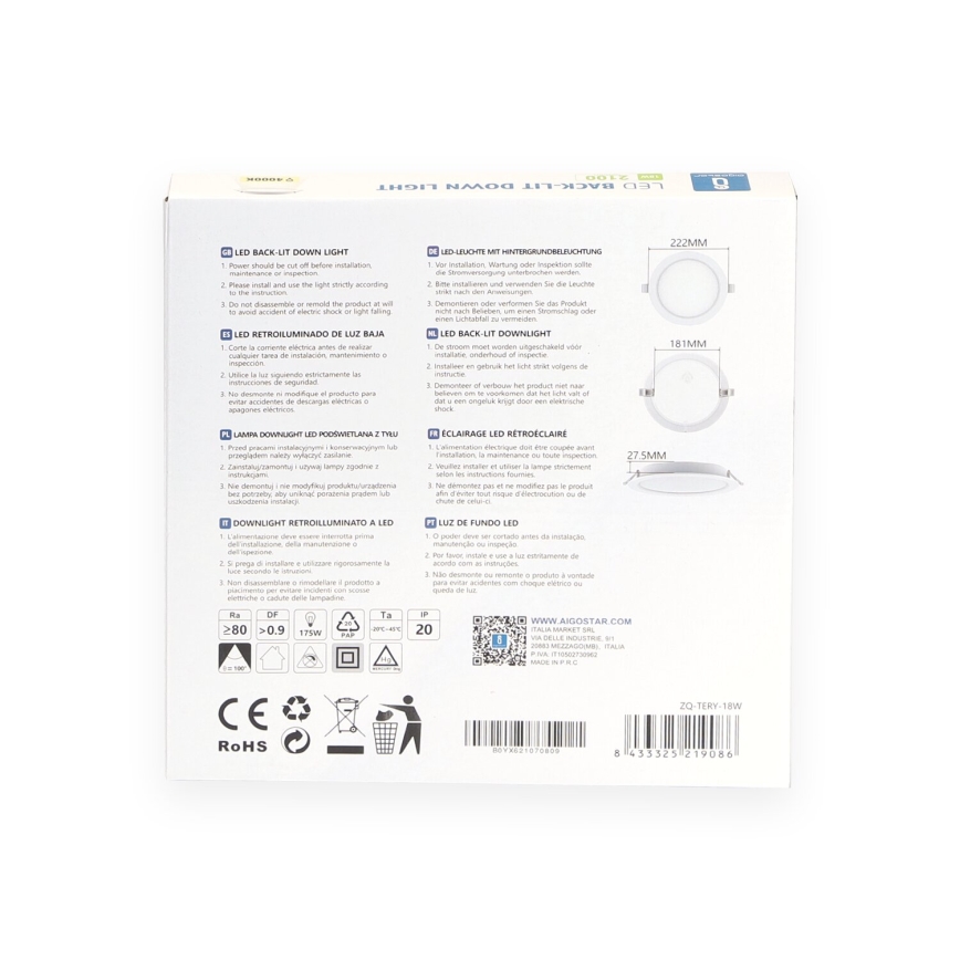 Aigostar - Foco de encastrar LED LED/18W/230V 4000K diâmetro 22 cm branco
