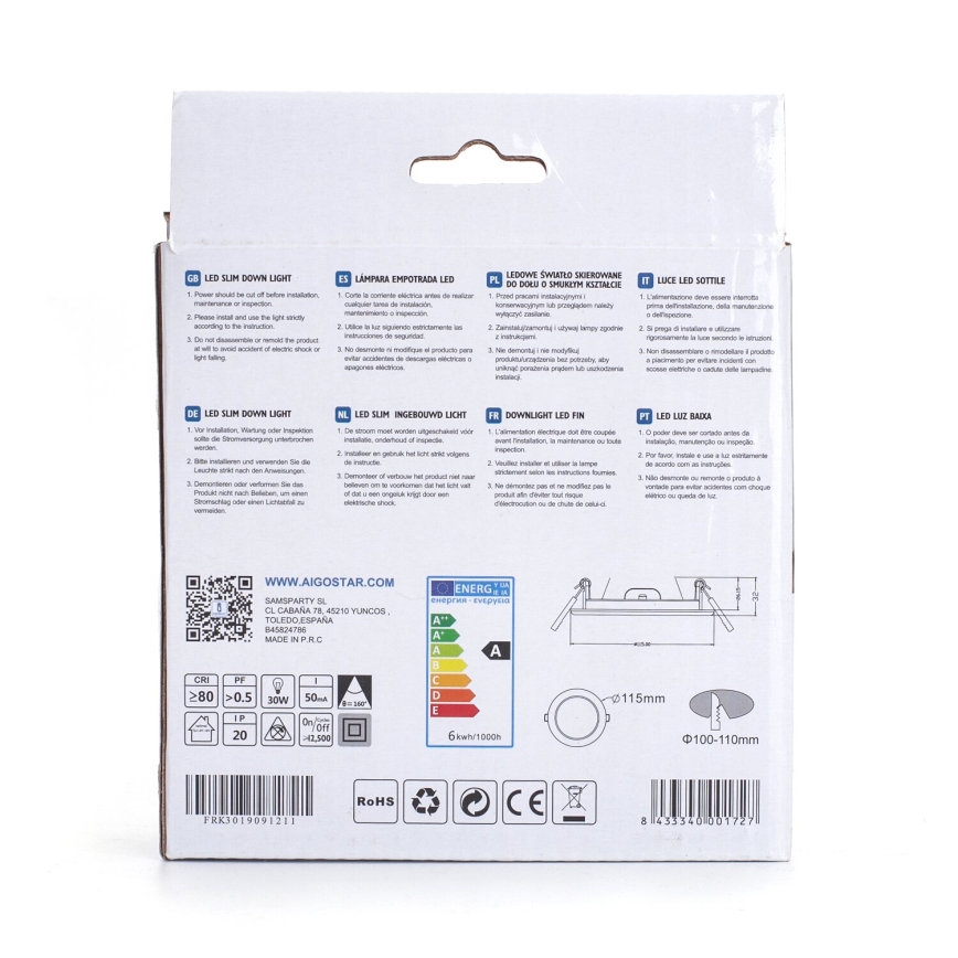 Aigostar - Foco de encastrar LED ULTRATHIN LED/6W/230V 3000K branco