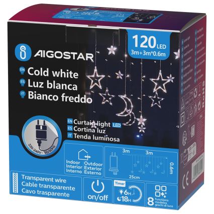 Aigostar - Guirlanda de Natal LED para exterior 120xLED/6W/230V/8 funções 3x0,6m IP44 branco frio + controlo remoto