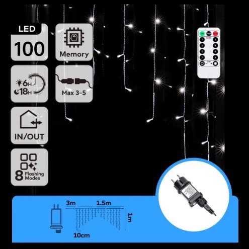 Aigostar - Guirlanda LED de Natal para exterior 100xLED/6W/230V/8funções 1,5x1m IP44 branco frio + controlo remoto