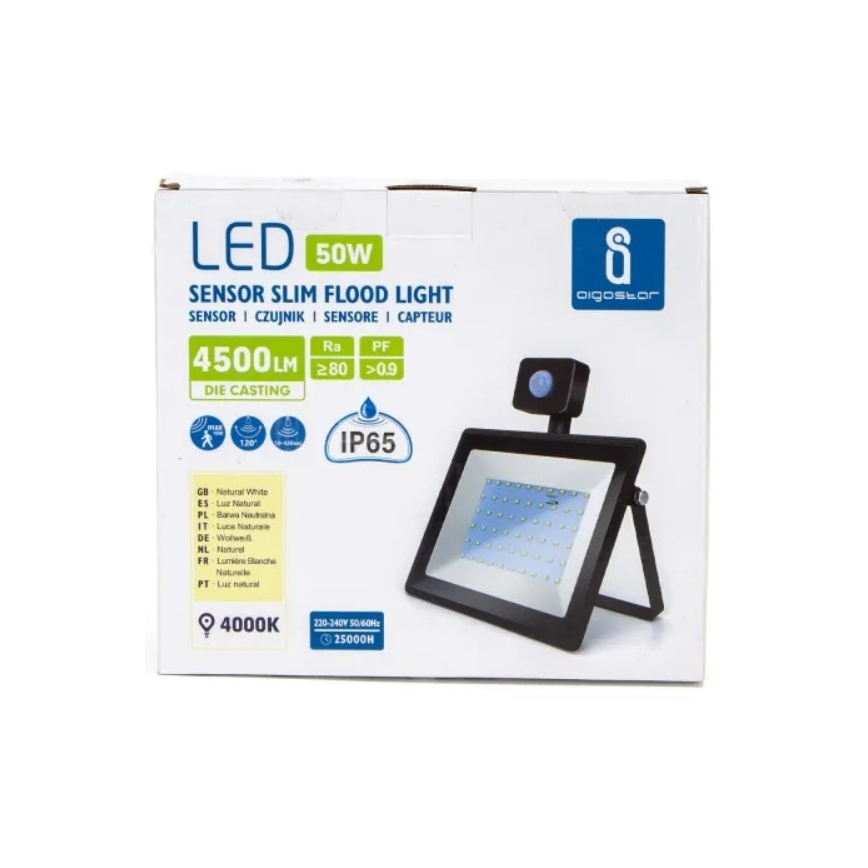 Aigostar - Holofote LED com sensor LED/50W/230V 4000K IP65 preto