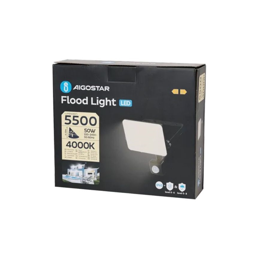 Aigostar - Holofote LED com sensor LED/50W/230V 4000K IP65 preto