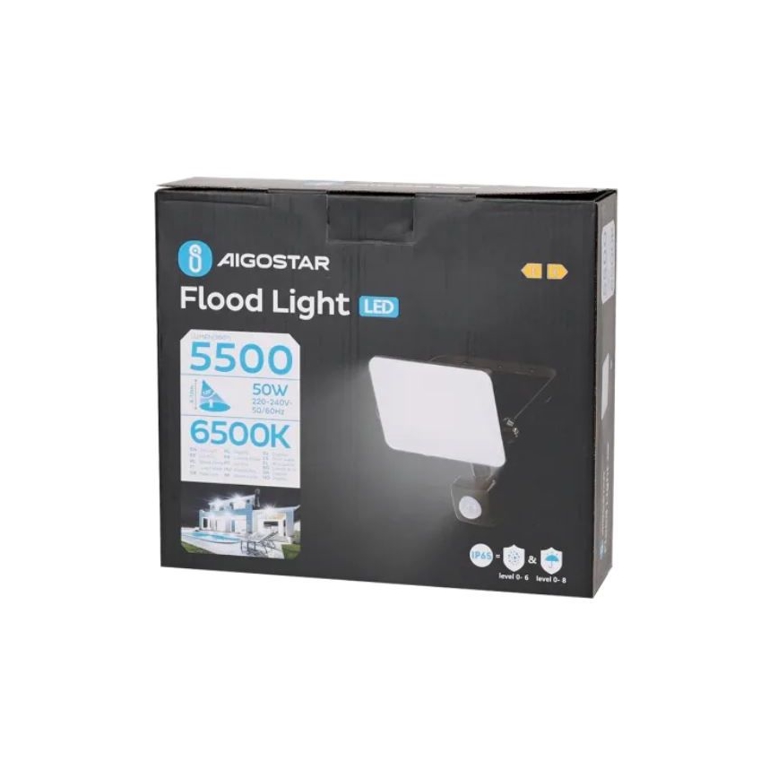 Aigostar - Holofote LED com sensor LED/50W/230V 6500K IP65 preto