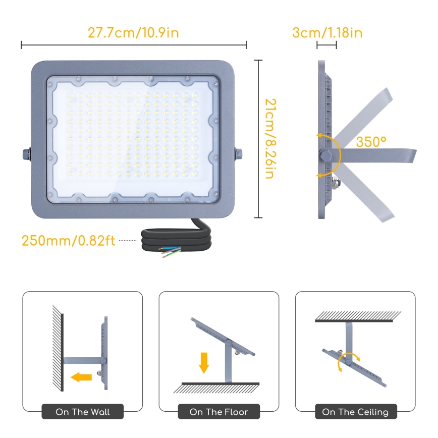 Aigostar - Holofote LED LED/100W/230V cinzento 4000K IP65