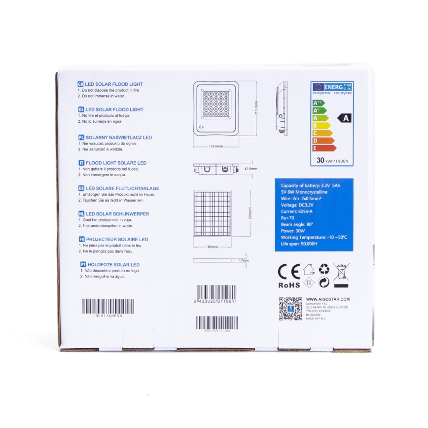 Aigostar - Holofote solar LED com regulação LED/30W/3,2V IP67 + CR