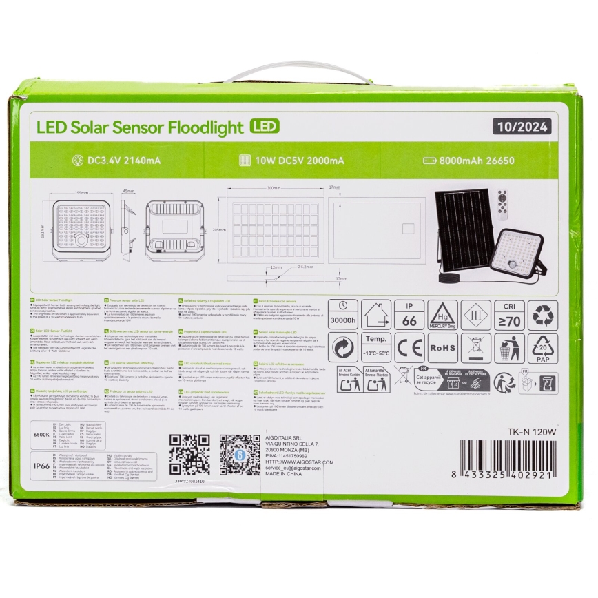 Aigostar - Holofote solar LED regulável com sensor LED/120W/3,4V IP66 + comando