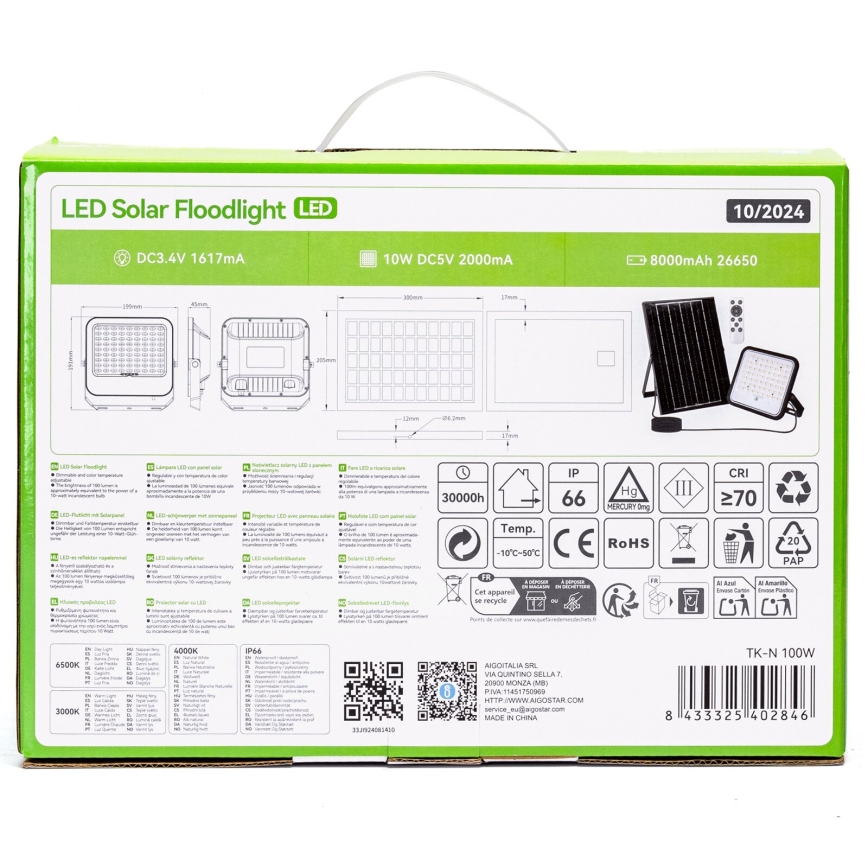 Aigostar - Holofote solar LED regulável LED/100W/3,4V IP66 + comando