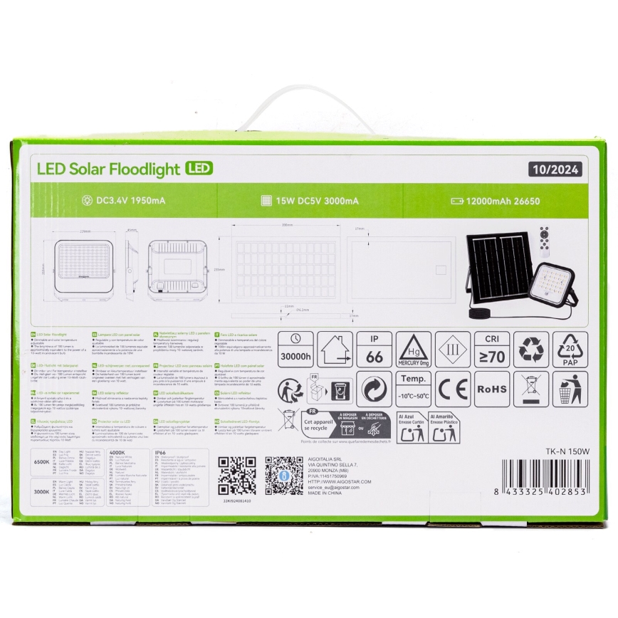 Aigostar - Holofote solar LED regulável LED/150W/3,4V IP66 + comando