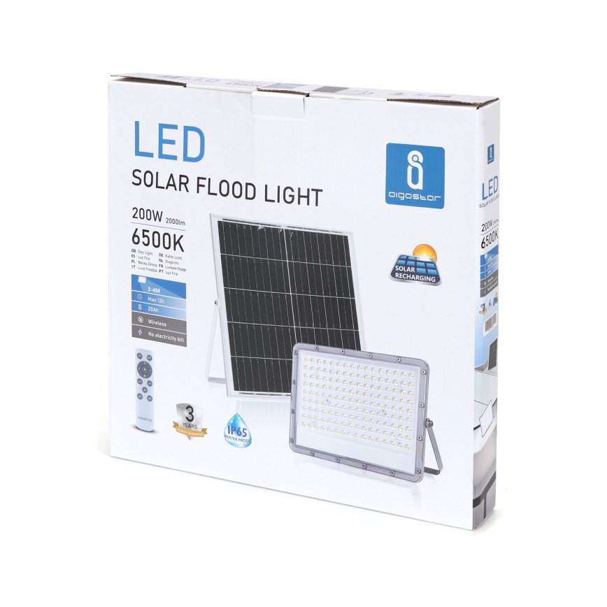 Aigostar - Holofote solar LED regulável LED/200W/3,4V 20000 mAh IP65 + comando