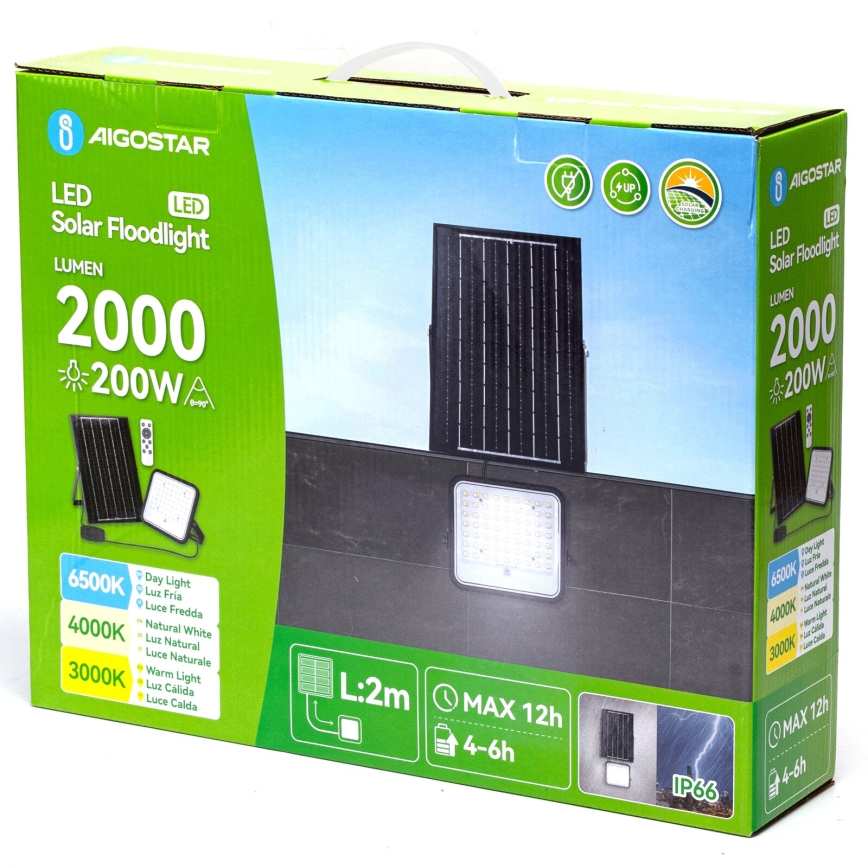 Aigostar - Holofote solar LED regulável LED/200W/3,4V IP66 + comando
