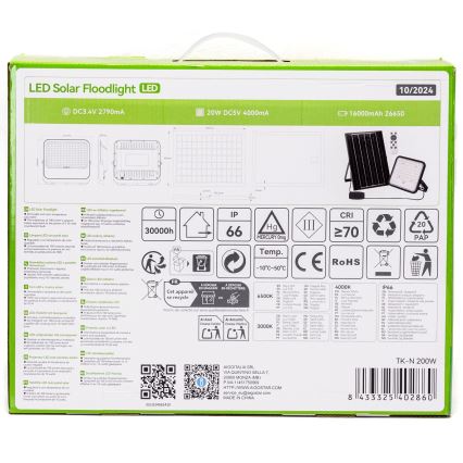 Aigostar - Holofote solar LED regulável LED/200W/3,4V IP66 + comando