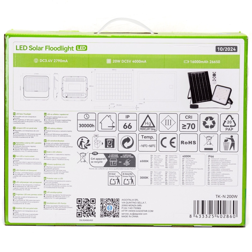 Aigostar - Holofote solar LED regulável LED/200W/3,4V IP66 + comando